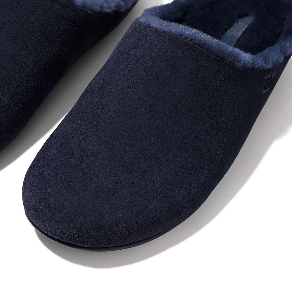 Navy Men's Fitflop SHOVE Shearling-Lined Suede Slippers | DG4320576