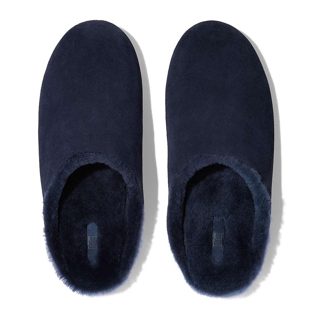 Navy Men's Fitflop SHOVE Shearling-Lined Suede Slippers | DG4320576