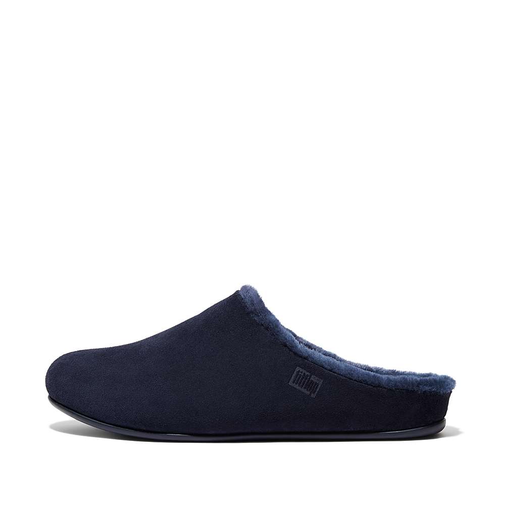 Navy Men\'s Fitflop SHOVE Shearling-Lined Suede Slippers | DG4320576