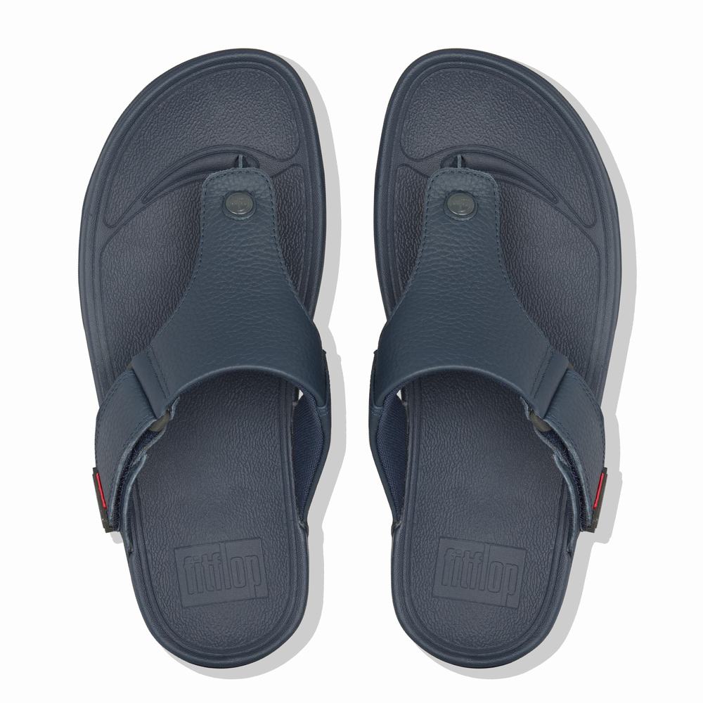 Navy Men's Fitflop TRAKK II Leather Toe-Post Sandals | EO2653417