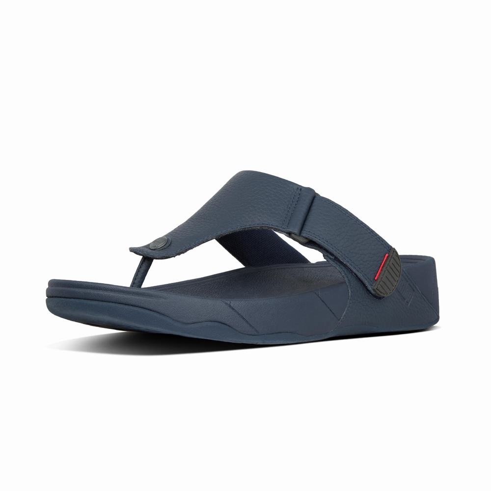 Navy Men's Fitflop TRAKK II Leather Toe-Post Sandals | EO2653417