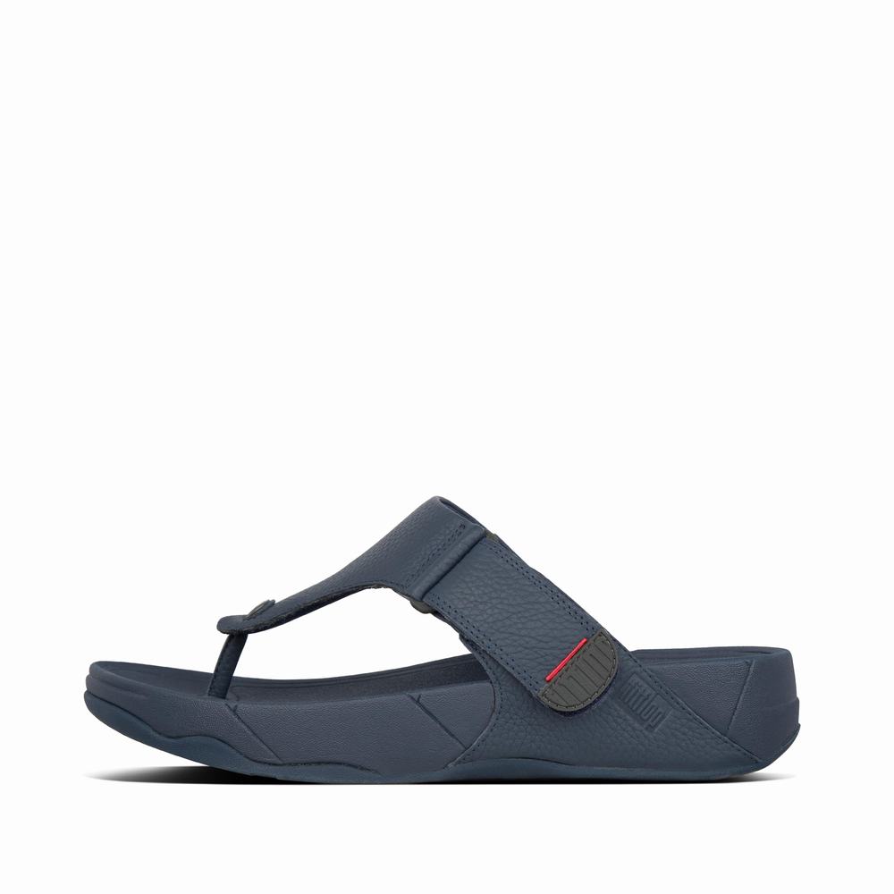 Navy Men\'s Fitflop TRAKK II Leather Toe-Post Sandals | EO2653417