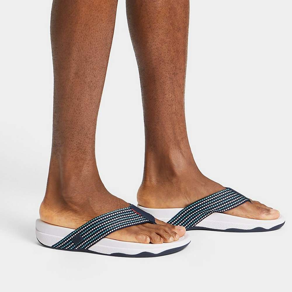 Navy/White Men's Fitflop SURFER Stripe Toe-Post Sandals | ZE7482619