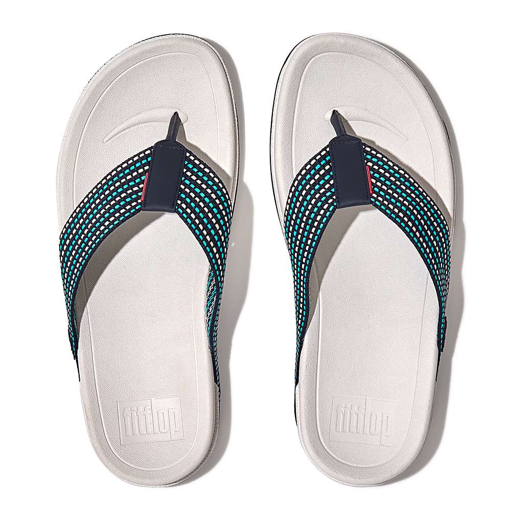 Navy/White Men's Fitflop SURFER Stripe Toe-Post Sandals | ZE7482619