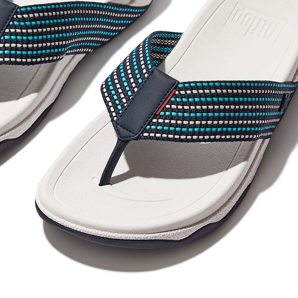 Navy/White Men's Fitflop SURFER Stripe Toe-Post Sandals | ZE7482619