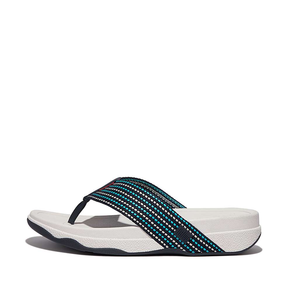 Navy/White Men\'s Fitflop SURFER Stripe Toe-Post Sandals | ZE7482619