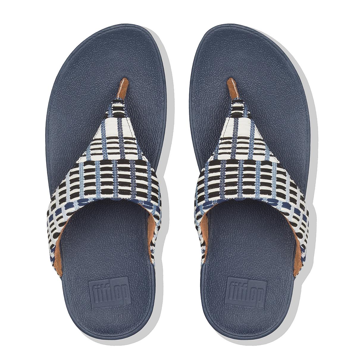 Navy White Women's Fitflop LULU Art Denim Toe-Post Sandals | VB8261439