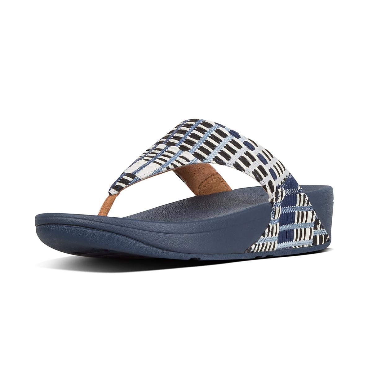 Navy White Women's Fitflop LULU Art Denim Toe-Post Sandals | VB8261439