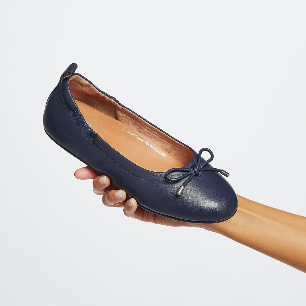 Navy Women's Fitflop ALLEGRO Bow Leather Ballet Flats | NQ3408671