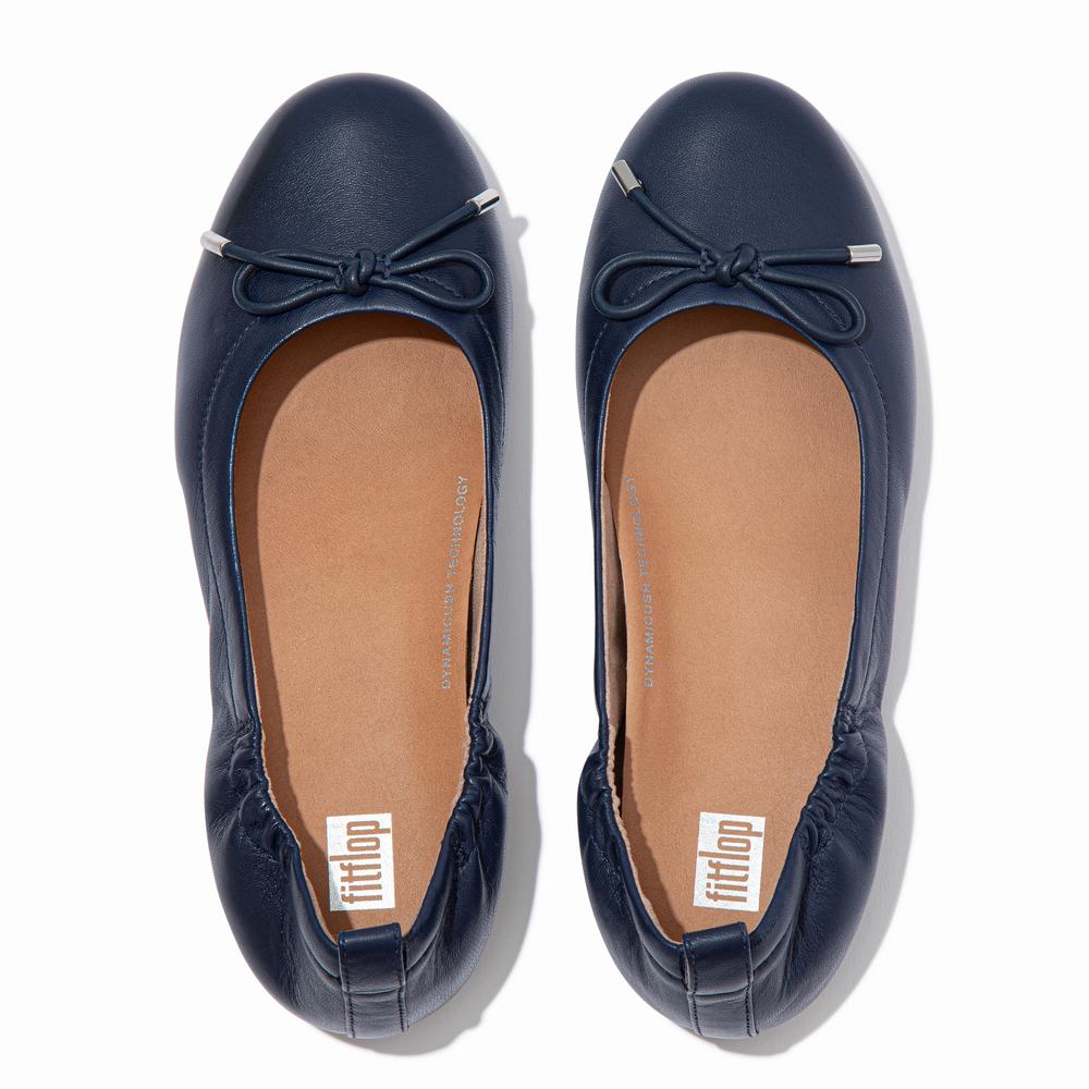 Navy Women's Fitflop ALLEGRO Bow Leather Ballet Flats | NQ3408671