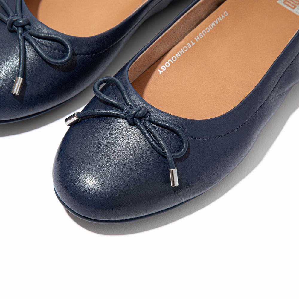 Navy Women's Fitflop ALLEGRO Bow Leather Ballet Flats | NQ3408671