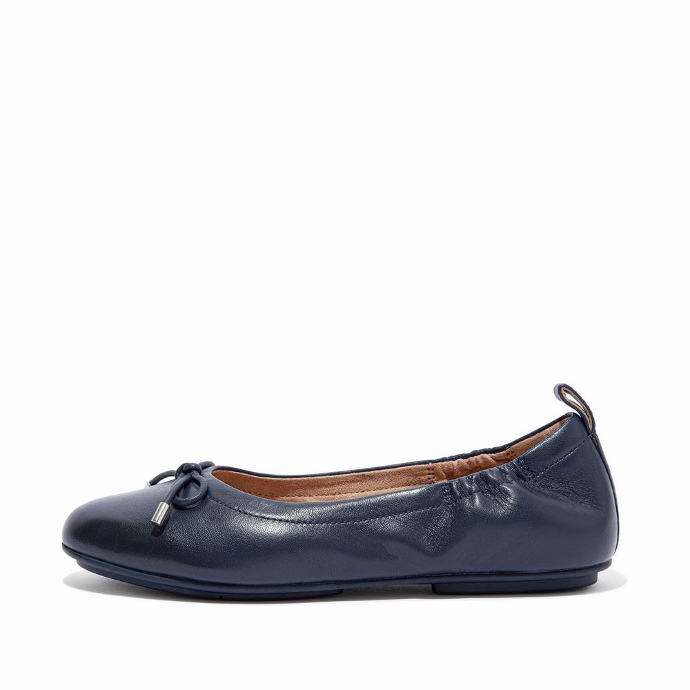 Navy Women\'s Fitflop ALLEGRO Bow Leather Ballet Flats | NQ3408671