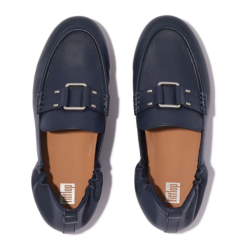 Navy Women's Fitflop ALLEGRO Stud-Buckle Leather Loafers | CH4051763