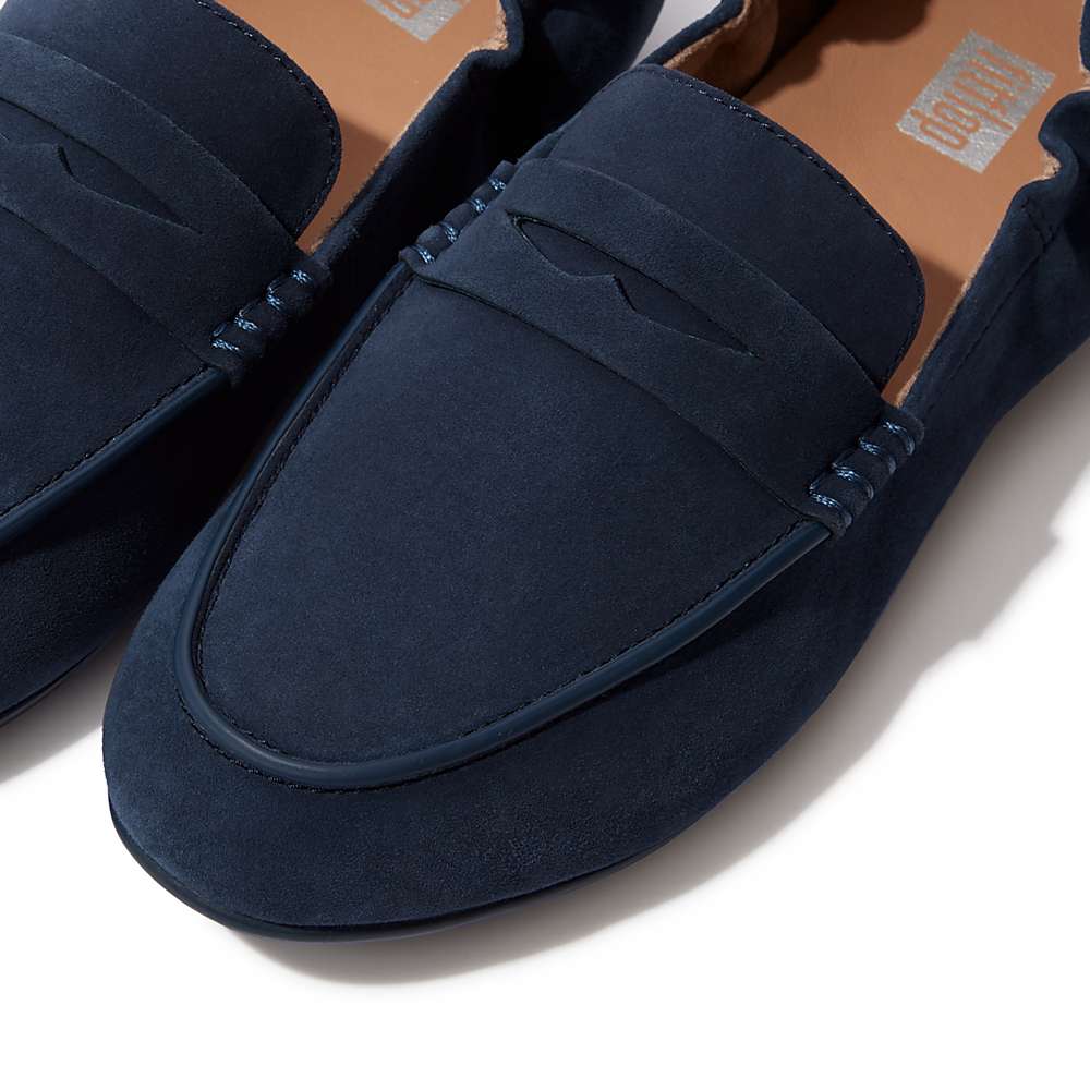 Navy Women's Fitflop ALLEGRO Suede Penny Loafers | FK2864531