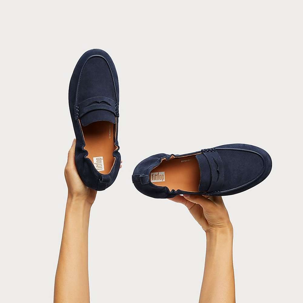 Navy Women's Fitflop ALLEGRO Suede Penny Loafers | FK2864531