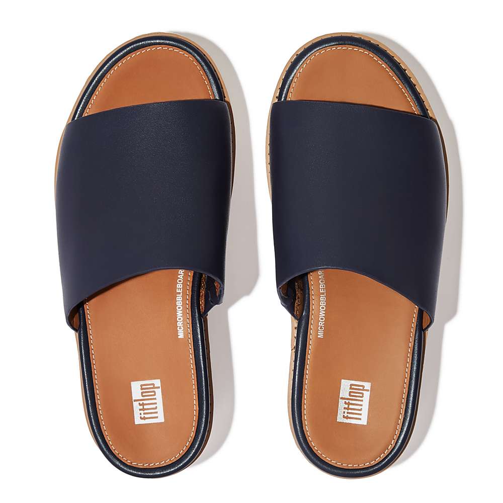 Navy Women's Fitflop ELOISE Espadrille Leather Wedge Slides Sandals | VX7153286