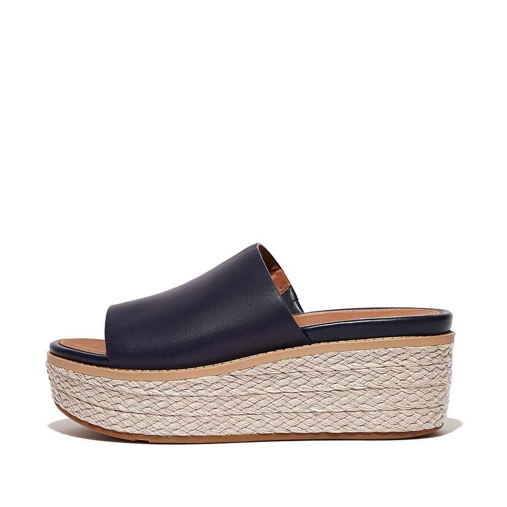 Navy Women\'s Fitflop ELOISE Espadrille Leather Wedge Slides Sandals | VX7153286