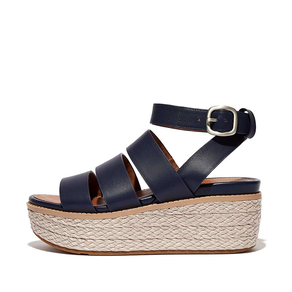 Navy Women\'s Fitflop ELOISE Espadrille Leather Wedge Sandals | XC6543827