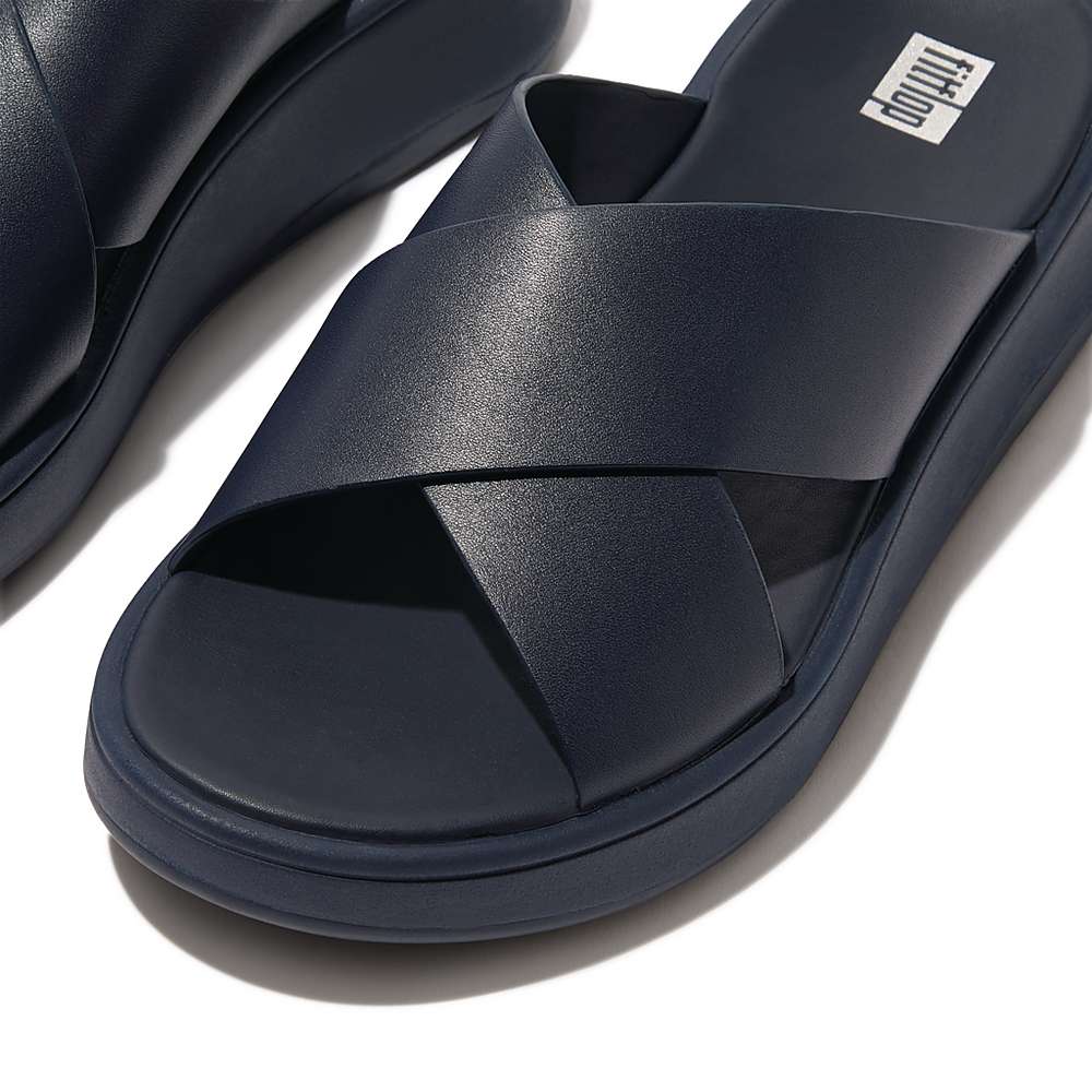 Navy Women's Fitflop F-MODE Leather Flatform Cross Slides Sandals | SM0745216