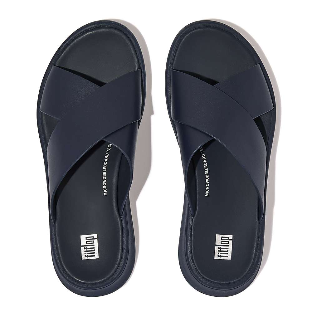 Navy Women's Fitflop F-MODE Leather Flatform Cross Slides Sandals | SM0745216