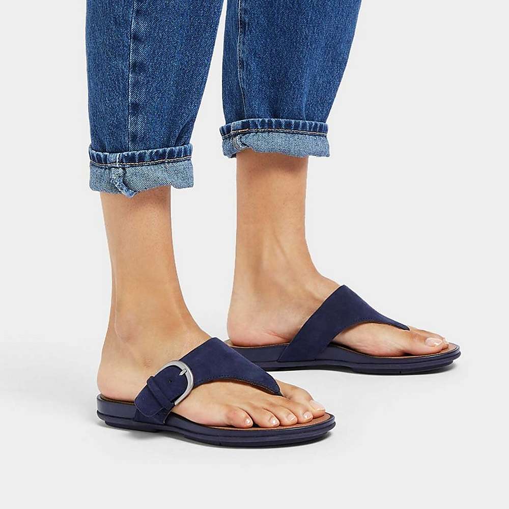 Navy Women's Fitflop GRACIE Buckle Suede Toe-Post Sandals | LD4135260