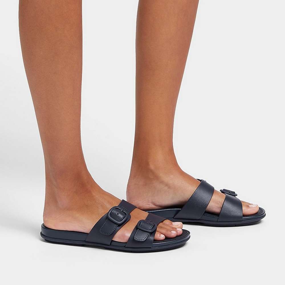 Navy Women's Fitflop GRACIE Buckle Two-Bar Leather Slides Sandals | UV1457629