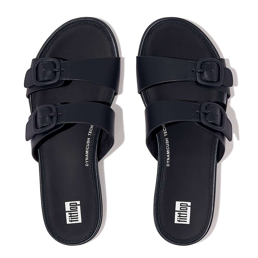 Navy Women's Fitflop GRACIE Buckle Two-Bar Leather Slides Sandals | UV1457629