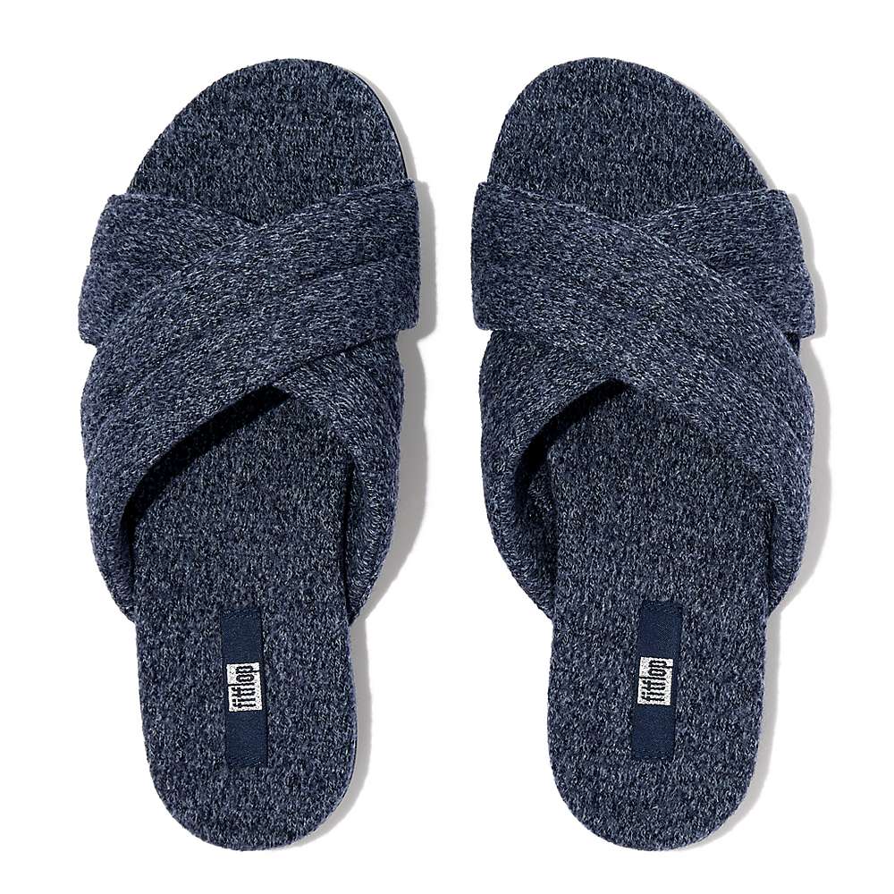 Navy Women's Fitflop GRACIE E01 Merino Wool-Mix Cross Slippers | BP0128365