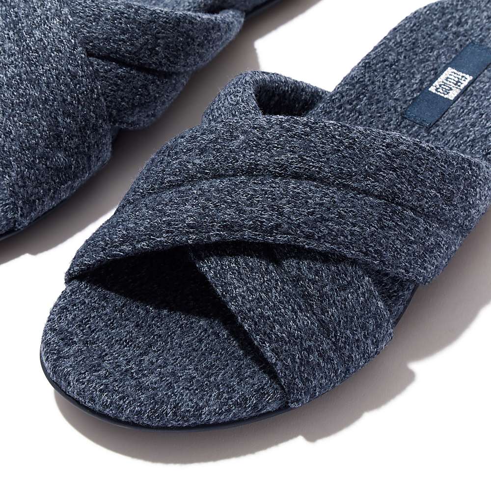 Navy Women's Fitflop GRACIE E01 Merino Wool-Mix Cross Slippers | BP0128365