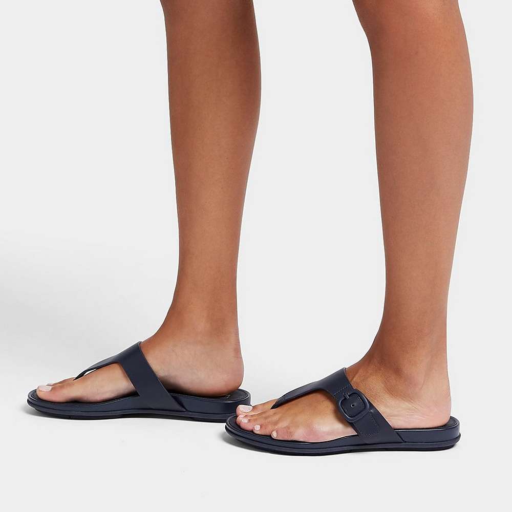 Navy Women's Fitflop GRACIE Matt-Buckle Leather Toe-Post Sandals | CB4315627