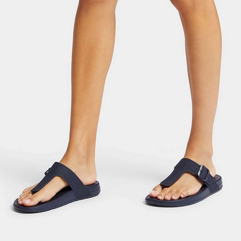 Navy Women's Fitflop IQUSHION Adjustable Buckle Flip Flops | LM7832150