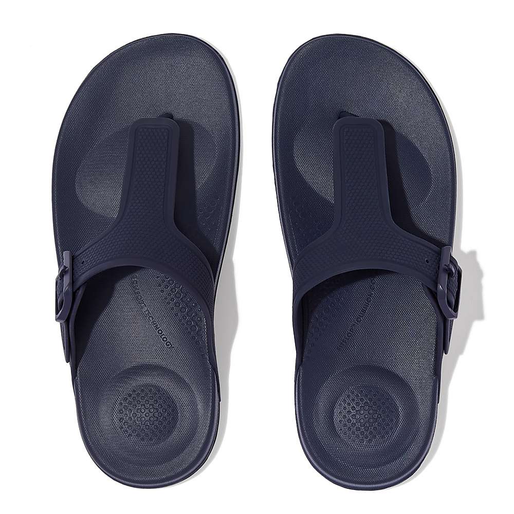 Navy Women's Fitflop IQUSHION Adjustable Buckle Flip Flops | LM7832150