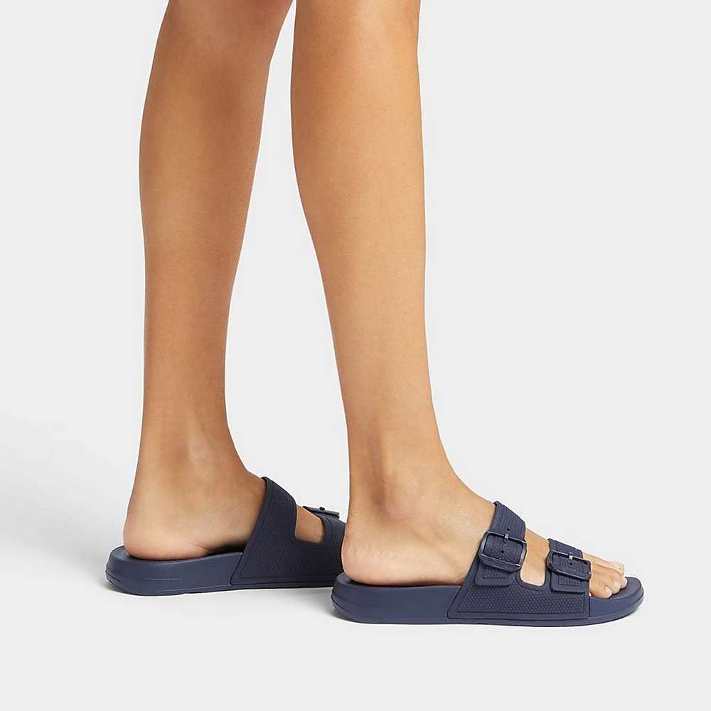 Navy Women's Fitflop IQUSHION Two-Bar Buckle Slides | LR8425963