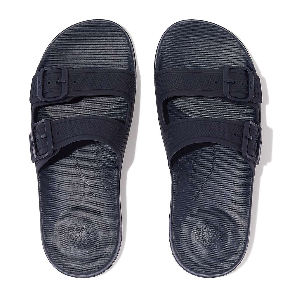 Navy Women's Fitflop IQUSHION Two-Bar Buckle Slides | LR8425963