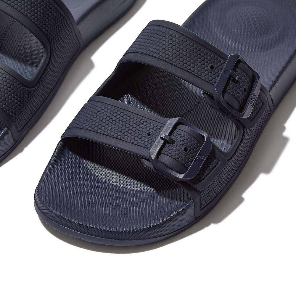 Navy Women's Fitflop IQUSHION Two-Bar Buckle Slides | LR8425963