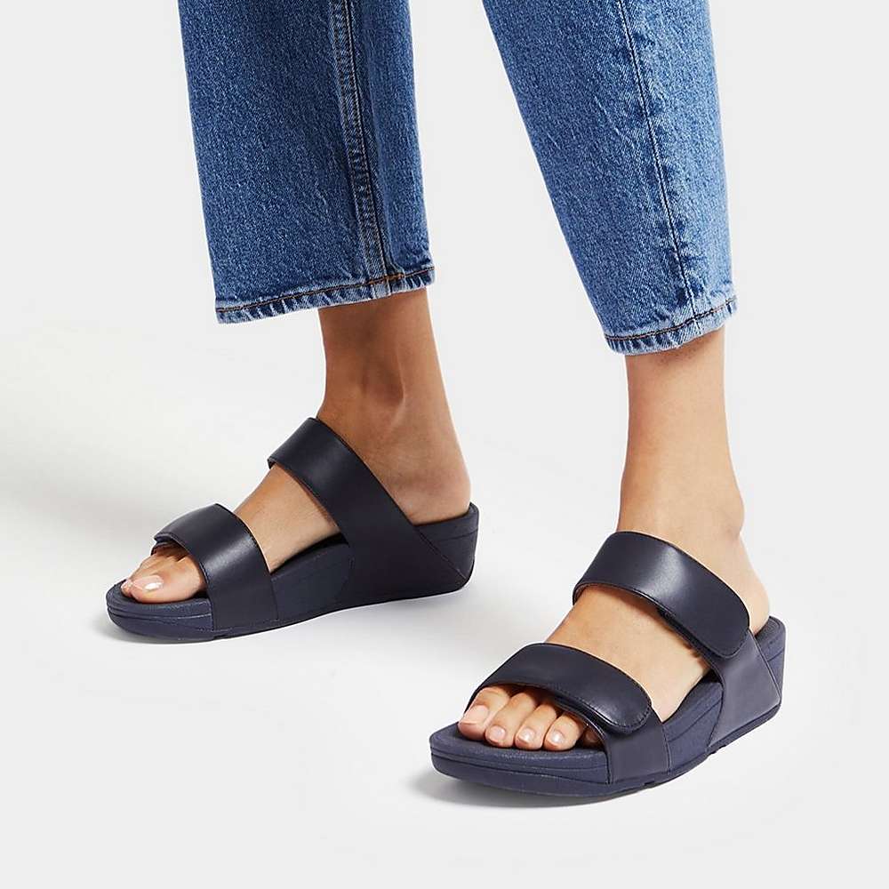 Navy Women's Fitflop LULU Adjustable Leather Slides Sandals | YR3781942