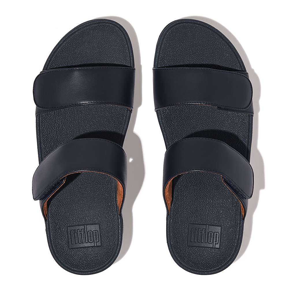 Navy Women's Fitflop LULU Adjustable Leather Slides Sandals | YR3781942