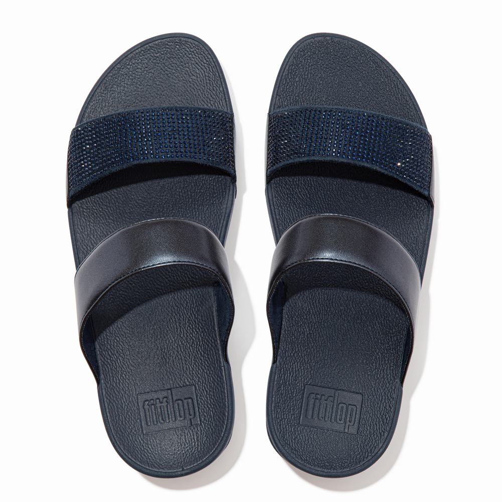 Navy Women's Fitflop LULU Crystal Slides Sandals | ZW2394687