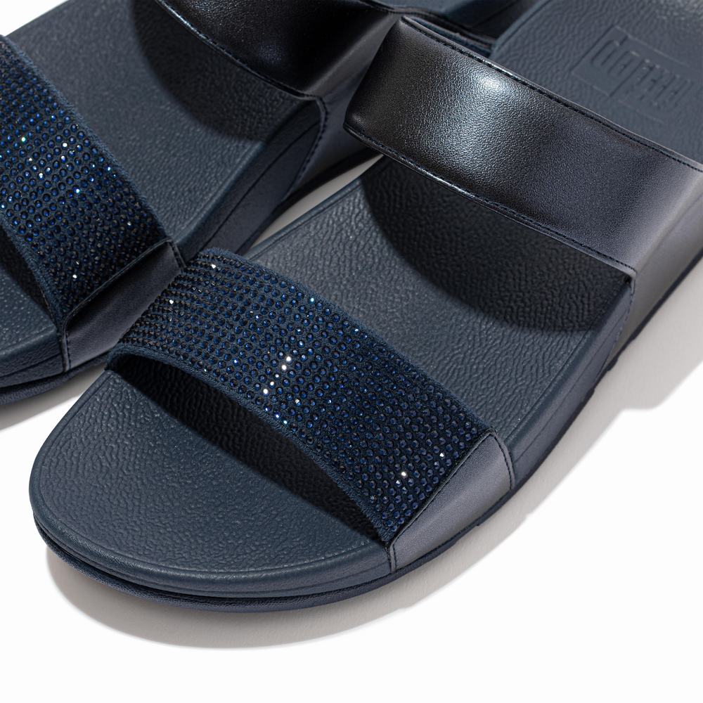 Navy Women's Fitflop LULU Crystal Slides Sandals | ZW2394687