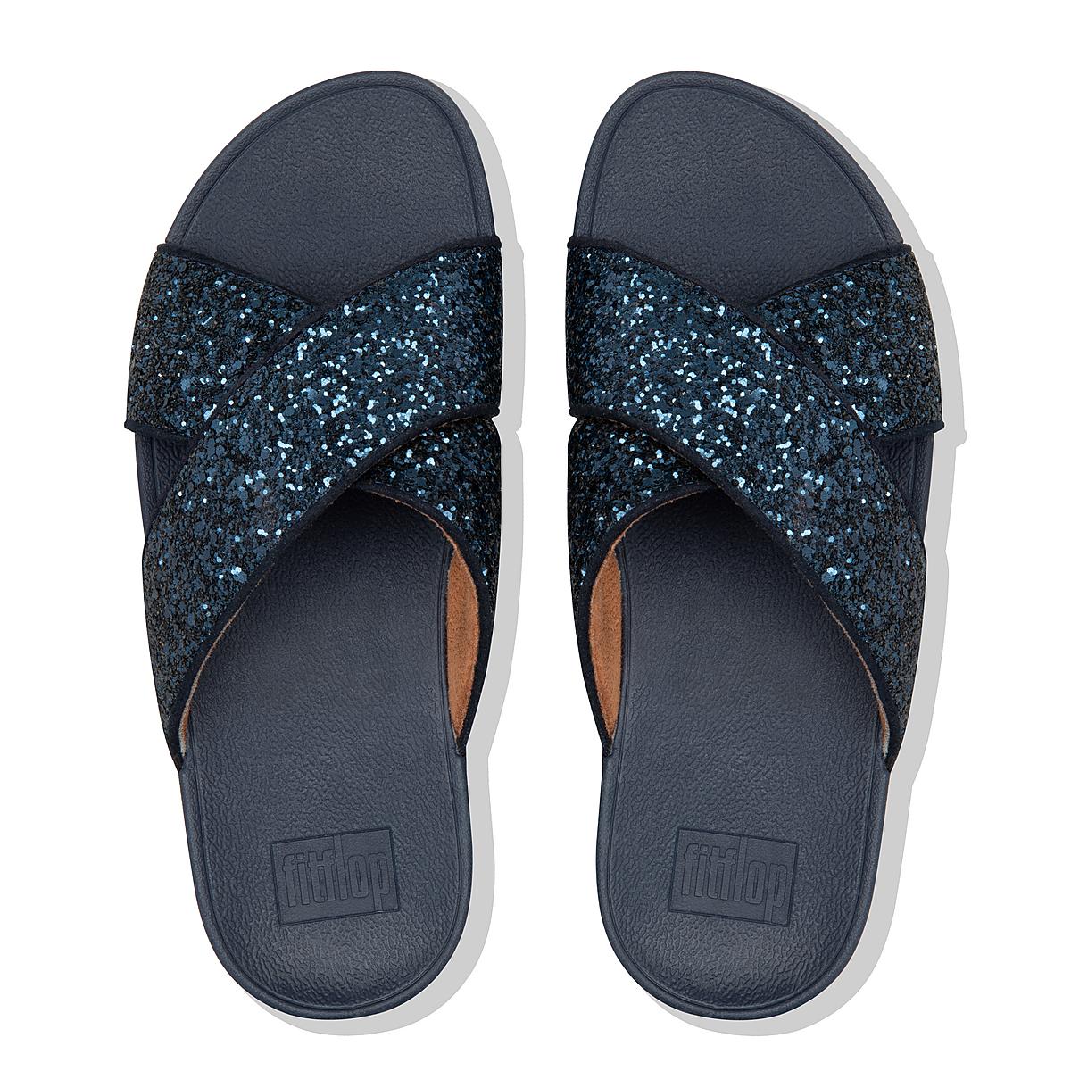 Navy Women's Fitflop LULU Glitter Cross Slides Sandals | ZU1065294