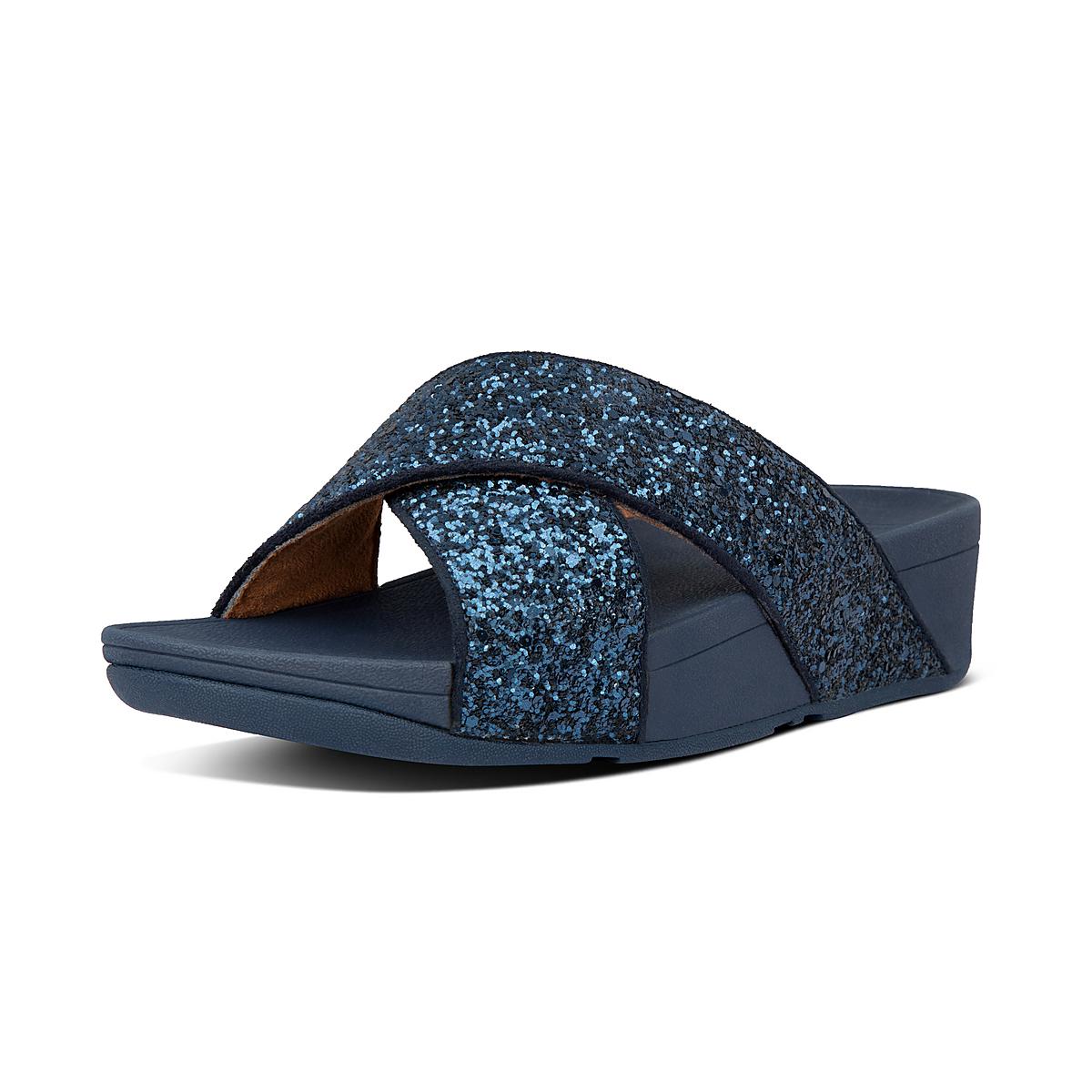 Navy Women's Fitflop LULU Glitter Cross Slides Sandals | ZU1065294