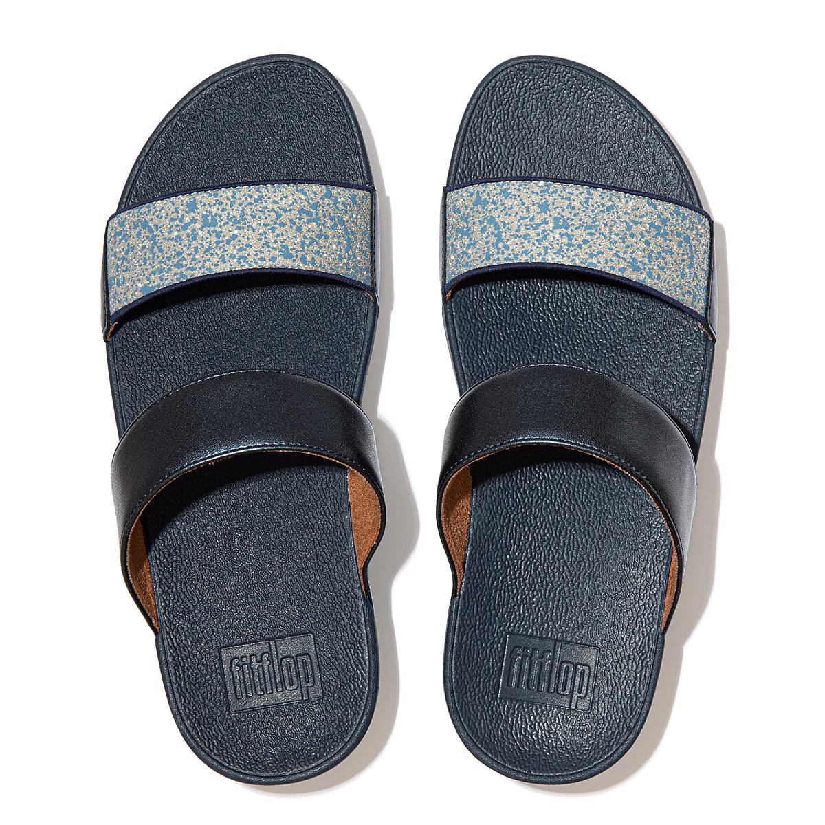 Navy Women's Fitflop LULU Shimmer Splash Slides Sandals | QD3680425