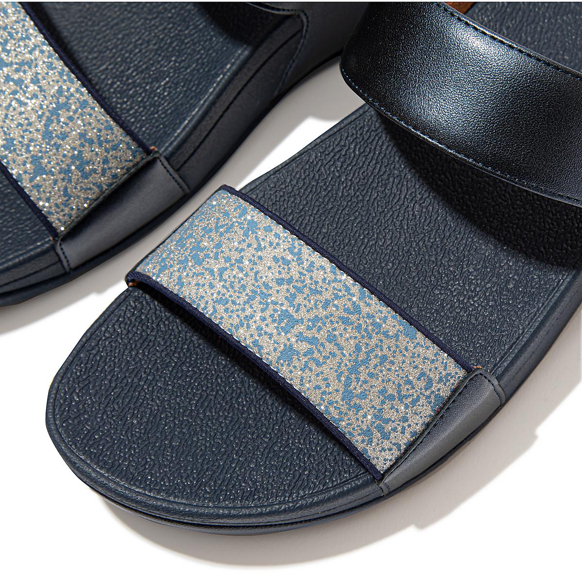 Navy Women's Fitflop LULU Shimmer Splash Slides Sandals | QD3680425