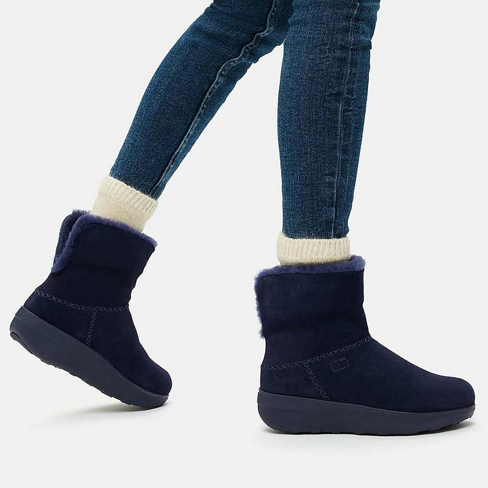 Navy Women's Fitflop MUKLUK SHORTY Shearling-Lined Suede Ankle Boots | BP0572649