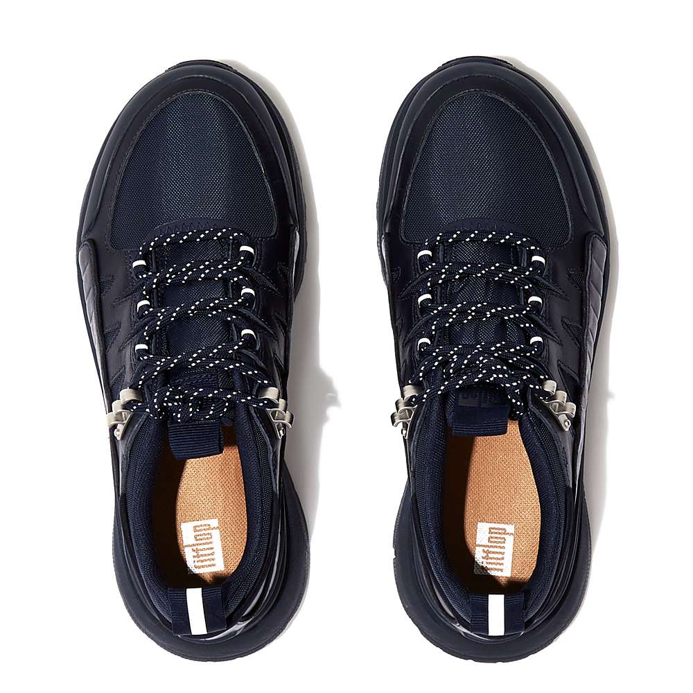 Navy Women's Fitflop NEO-D-HYKER Leather-Mix Walking Sneakers | MP4279831