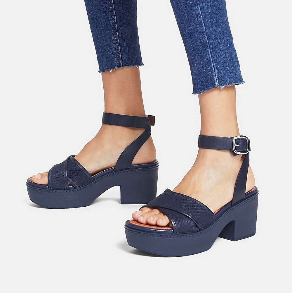 Navy Women's Fitflop PILAR Canvas Ankle-Strap Platform Sandals | GV0845937