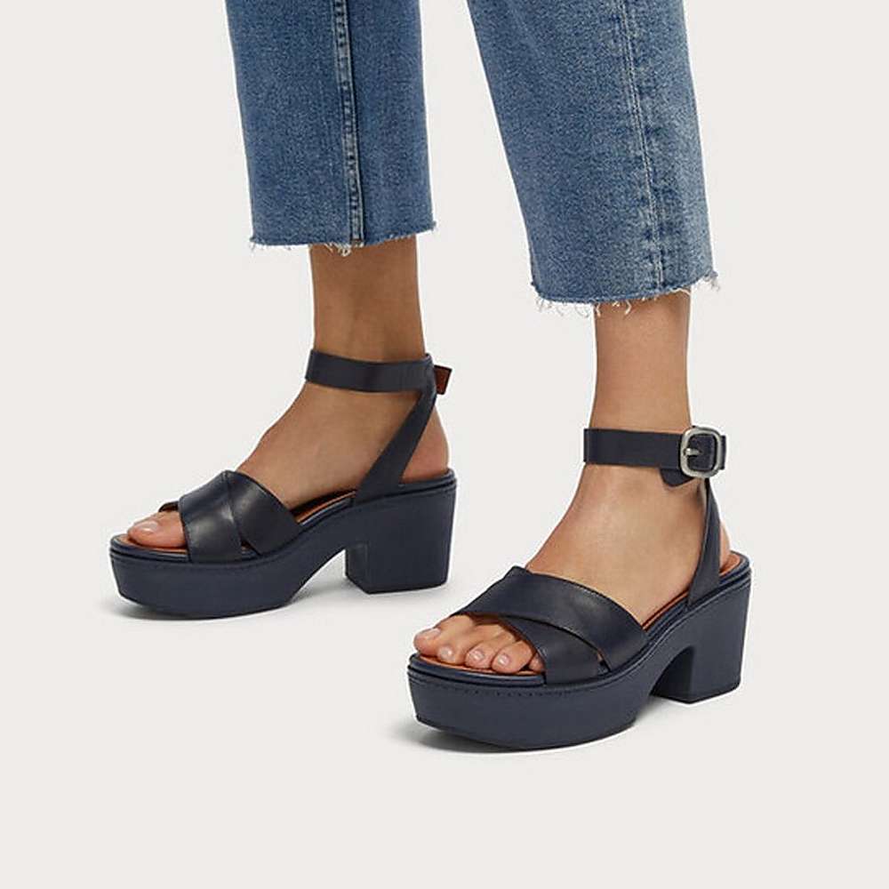 Navy Women's Fitflop PILAR Leather Ankle-Strap Platform Sandals | ZT7369814