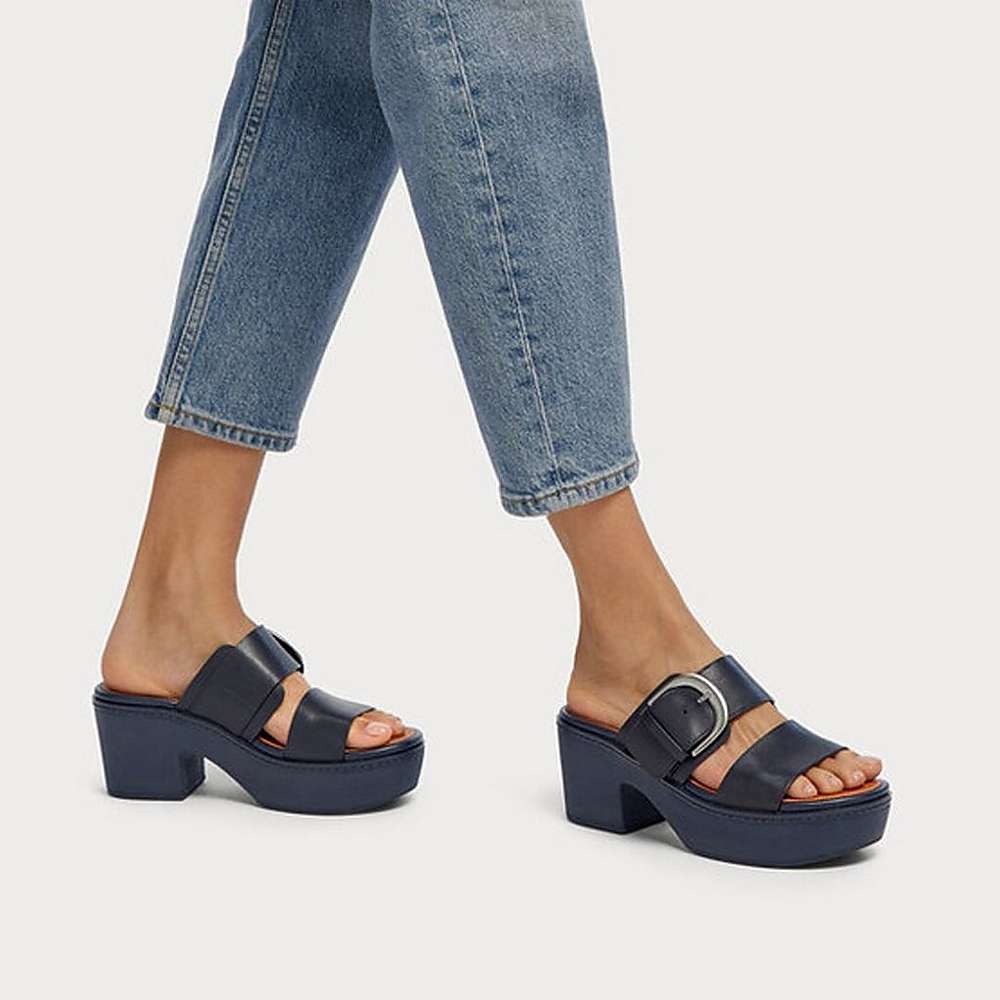 Navy Women's Fitflop PILAR Leather Platform Slides Sandals | GS5497612