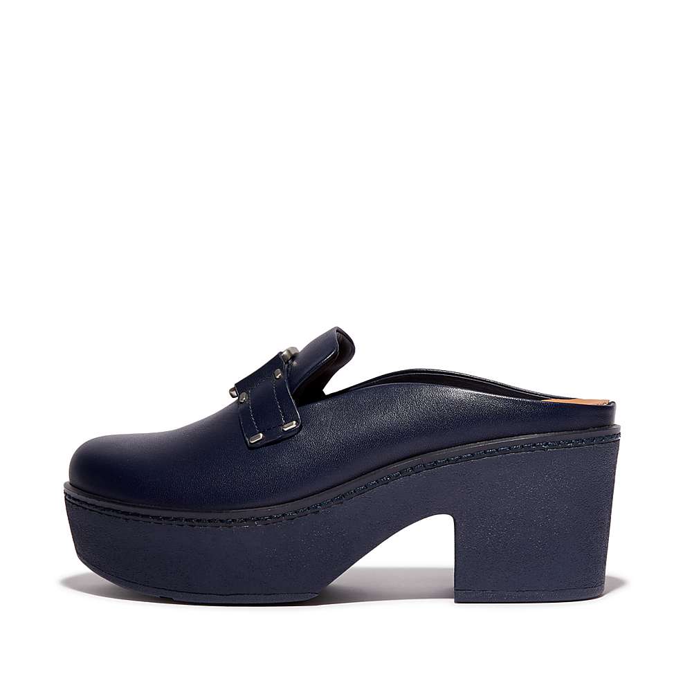 Navy Women\'s Fitflop PILAR Stud-Buckle Leather Platform Mules | VY6271539