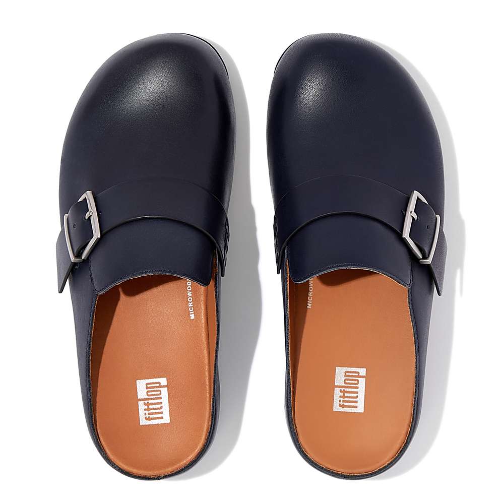 Navy Women's Fitflop SHUV Buckle Strap Leather Clogs | NJ3890571